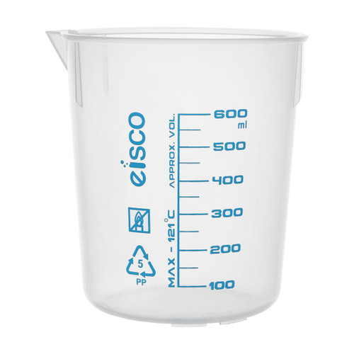 Eisco Labs Premium 600mL Beaker, PP Plastic, Blue Screen Printed, 50mL Graduations, 