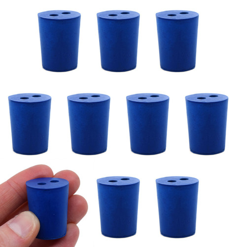 Eisco Labs Neoprene Stoppers, 2 Holes, Blue, Size 19mm Bottom, 22mm Top, 28mm L, pack/10 