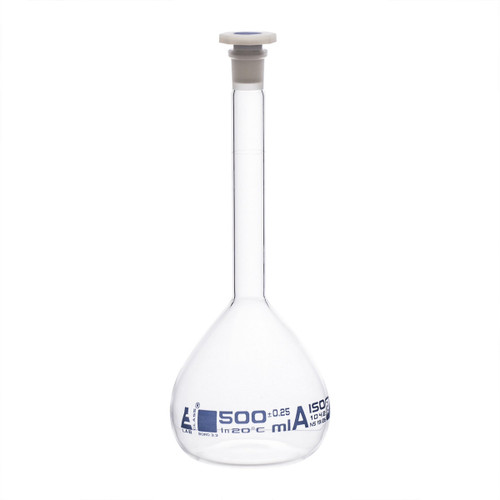 Eisco Labs Volumetric Flask, 500ml, Class A Tolerance +/-0.25ml, 19/26 , PP Stopper,/Single Graduation Mark, Borosilicate Glass 
