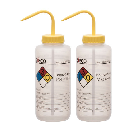 Eisco Labs Wash Bottle for Isopropanol, 1000ml, Color Coded Safety Label (4 Colors), Wide Mouth, Self Venting, LDPE, pack/2 