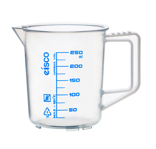 Eisco Labs Measuring Jug, 250ml, PP, Screen Printed Graduations, Spout & Handle for Easy Pouring, Excellent Optical Clarity 
