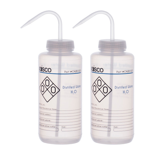 Eisco Labs Wash Bottle for Distilled Water, 1000ml, Color Coded Safety Label (2 Color), Wide Mouth, Self Venting, LDPE, pack/2 