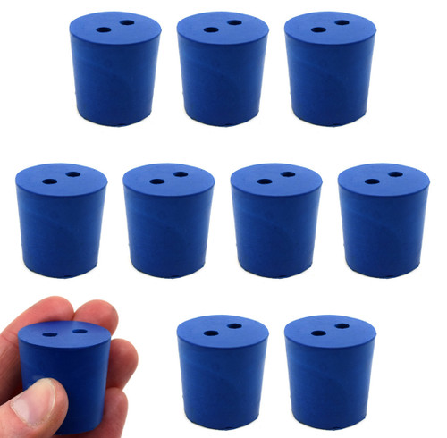 Eisco Labs Neoprene Stoppers, 2 Holes, Blue, Size 25mm Bottom, 28mm Top, 28mm L, pack/10 