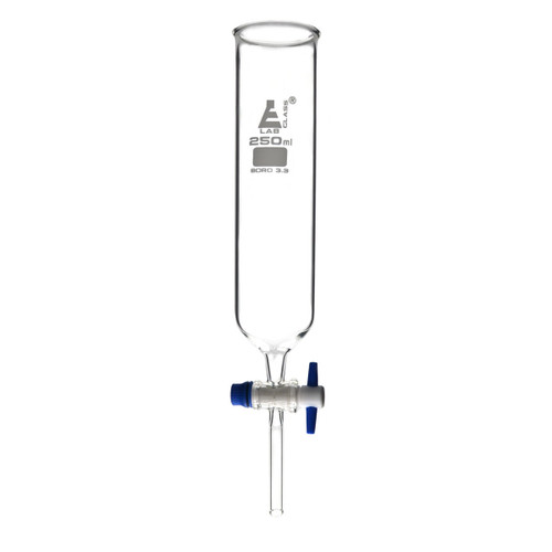 Eisco Labs Dropping Funnel, 250ml, PTFE Key Stopcock, Open Top, Cylindrical, Ungraduated, Cylindrical, Borosilicate Glass 