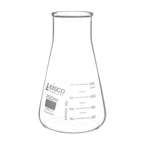 Eisco Labs Erlenmeyer Flask, 250mL, Wide Neck, ASTM, Dual Graduated Scale, Borosilicate Glass, Wide Neck Flasks, Conical Flasks, Glass Flasks 