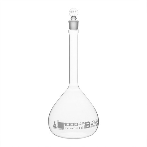 Eisco Labs Volumetric Flask, 1000ml, Class A, ASTM, Tolerance +/-0.300 ml, Glass Stopper, Single, White Graduation  Eisco Labs Volumetric Flask, 1000ml, Class A, ASTM, Tolerance +/-0.300 ml, Glass Stopper, Single, White Graduation