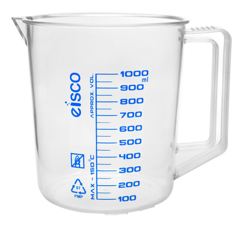 Eisco Labs Measuring Jug, 1000ml, TPX Plastic, Printed Graduations, Chemical Resistant, Autoclavable, Short Form, Handle with Thumb Grip 