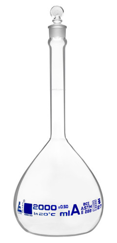 Eisco Labs Volumetric Flask, 2000ml, Class A, ASTM, Tolerance +/-0.500 ml, Glass Stopper, Single, Blue Graduation 