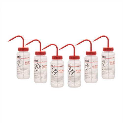 Eisco Labs Wash Bottle for Acetone, 500ml, Color Coded Safety Label (2 Color), Wide Mouth, Self Venting, LDPE, pack/6 