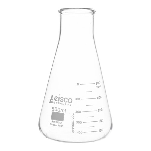 Eisco Labs Erlenmeyer Flask, 500mL, Wide Neck, ASTM, Dual Graduated Scale, Borosilicate Glass, Wide Neck Flasks, Conical Flasks, Glass Flasks 