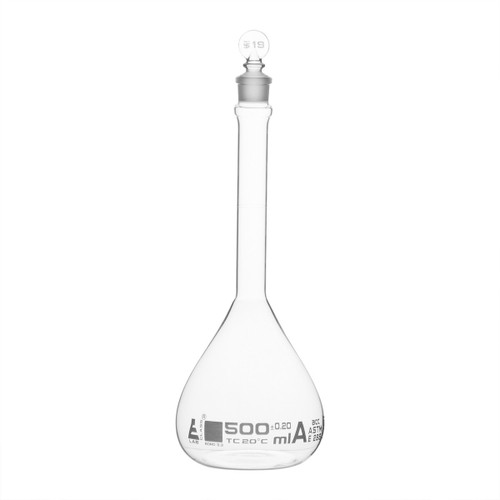 Eisco Labs Volumetric Flask, 500ml, Class A, ASTM, Tolerance +/-0.200 ml, Glass Stopper, Single, White Graduation 