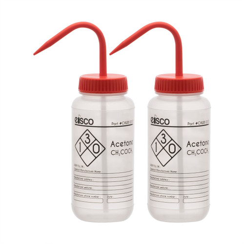 Eisco Labs Wash Bottles for Acetone, 500ml, Color Coded Safety Label (1 Color), Wide Mouth, Self Venting, LDPE, pack/2 