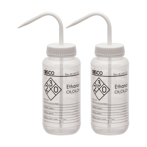 Eisco Labs Wash Bottles for Ethanol, 500ml, Color Coded Safety Label (1 Color), Wide Mouth, Self Venting, LDPE, pack/2 