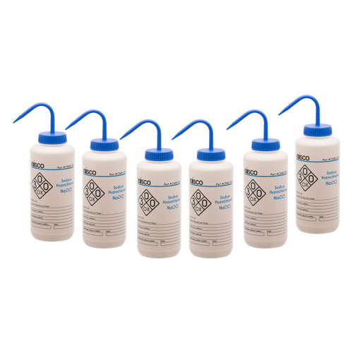Eisco Labs Wash Bottle for Sodium Hypochlorite (Bleach), 1000ml, Color Coded Chemical & Safety Information (2 Color), Wide Mouth, Self Venting, LDPE, pack/6 