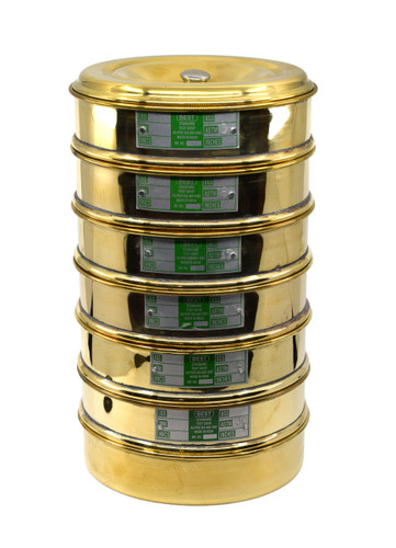 Eisco Labs Set of 6 Test Sieves, 8 Inch, ASTM No. 10, 18, 35, 60, 120 & 230, Brass Frames with SS Wire Mesh, Stackable with Receiving Pan & Top 