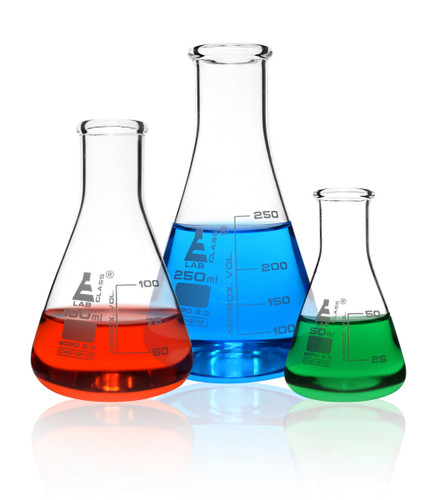 Eisco Labs Premium Glass Erlenmeyer Flask Set, 50ml, 100ml & 250ml, Narrow Neck, White Graduations, Borosilicate 3.3, pack/3 