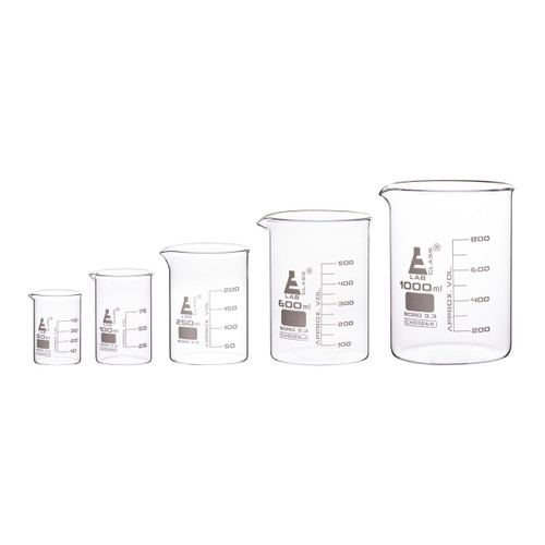 Eisco Labs Premium Beaker Set, 50ml, 100ml, 250ml, 600ml & 1000ml, Low Form, White Graduations, Borosilicate 3.3 Glass, pack/5 