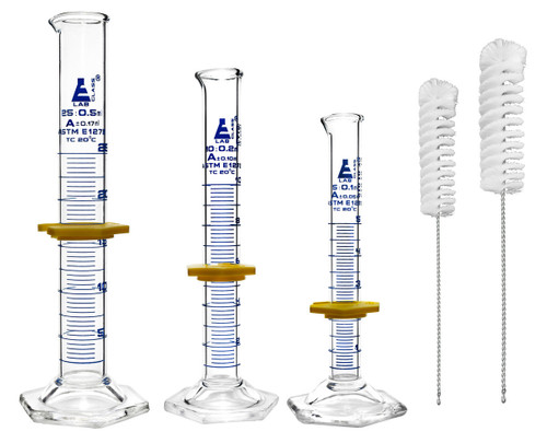 Eisco Labs Graduated Cylinders & Cleaning Brushes, 5 Piece Set, ASTM, Class A, 5mL, 10mL, 25mL, Blue Graduations, 2 Nylon Bristle Brushes, Borosilicate 3.3 Glass 