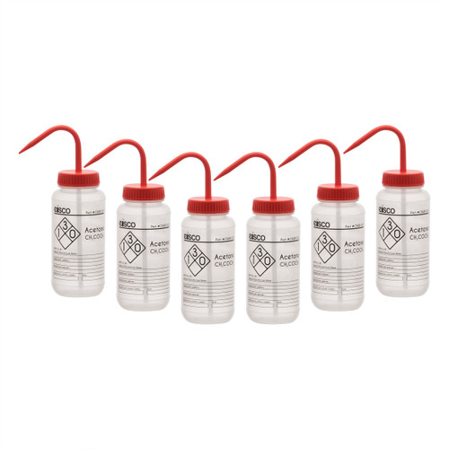 Eisco Labs Wash Bottles for Acetone, 500ml, Color Coded Safety Label (1 Color), Wide Mouth, Self Venting, LDPE, pack/6 