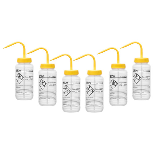 Eisco Labs Wash Bottle for Isopropanol, 500ml, Color Coded Safety Label (1 Color), Wide Mouth, Self Venting, LDPE, pack/6 