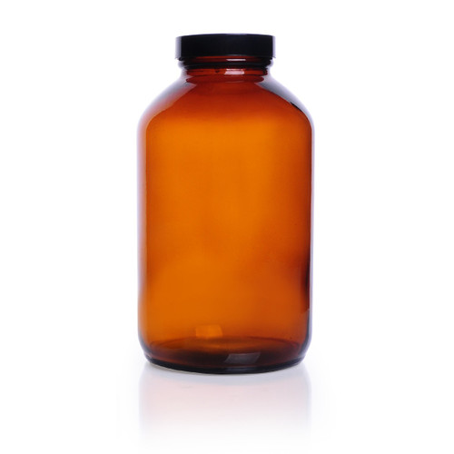 Kimble® Amber Glass Wide-Mouth Packer Bottles, Convenience Pack (Assembled), 250mL, PTFE-Faced LDPE Foam, case/12
