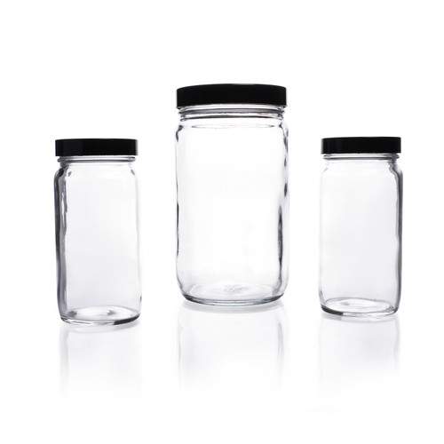 Kimble® Clear Glass Straight-Sided Jars, Convenience Pack (Assembled), 1 liter, PTFE-Faced LDPE Foam, case/12