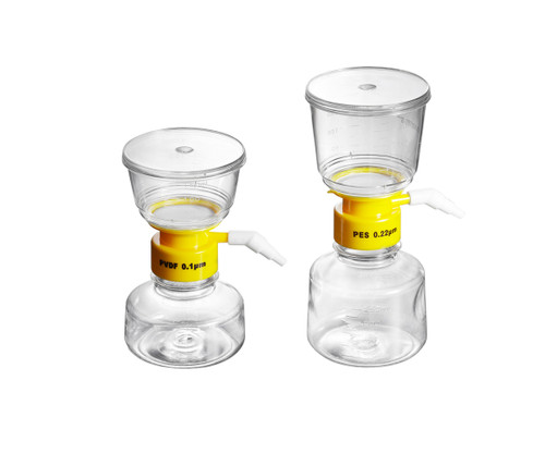 Bottle Top Filter, 150 mL PS-ABS-PP, Yellow, PVDF 0.1um, 50mm dia. Sterile, case/24