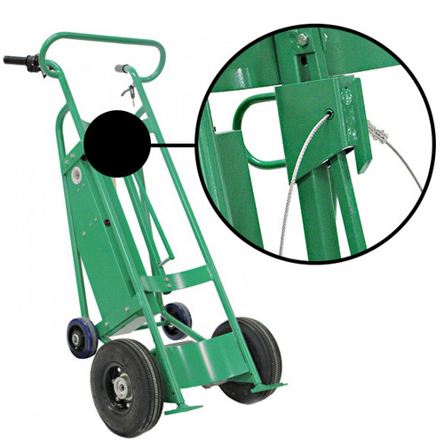 Steel Powered Drum Hand Truck, Steel, (4) Wheels (2) Pneumatic (2) Rear Solid Rubber, Hand Brake, 800 lb. Capacity, Chime Hook w/ Security Cable for Drums