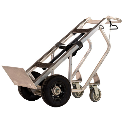 4-Wheel Commercial Hand Truck, Spring-Loaded Frame, Aluminum, (2) Pneumatic (2) Rear Rubber Swivel Wheels, 1000 lb. Capacity, 15' Retractable Strap
