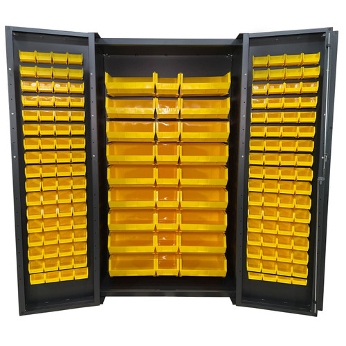 Steel Bin & Shelf Cabinet, Deep Door, 48" W x 24" D x 84" H, Full Bins, Fully Louvered, (163) Bins, 14-Gauge