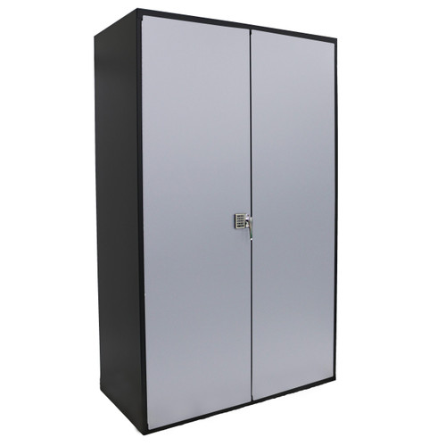 Steel Electronic Locking Cabinet, Deluxe, 48" W x 24" D x 78" H, Louvered Door, (3) Shelves, 1000 lb. Capacity/Shelf, 14-Gauge, Silver/Black