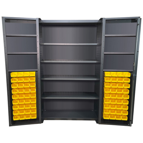 Steel Bin & Shelf Cabinet, Deep Door, 48" W x 24" D x 78" H, Door Bins, Half Louvered Door, (72) Bins,(4) Interior Shelves (6) Door Shelves, 14-Gauge