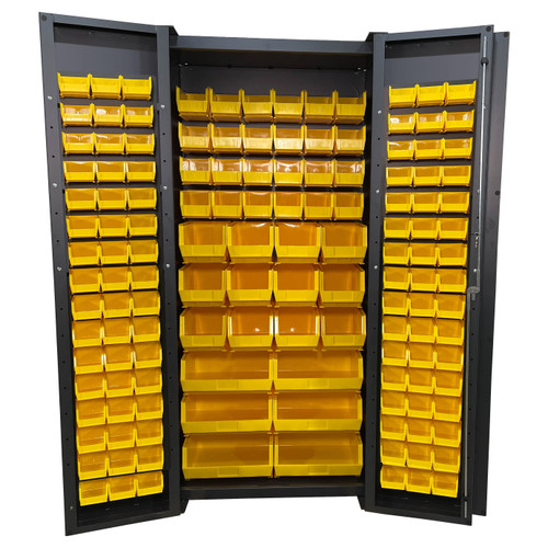Steel Bin & Shelf Cabinet, Deep Door, 36" W x 24" D x 78" H, Full Bins, Fully Louvered, (138) Bins, 14-Gauge