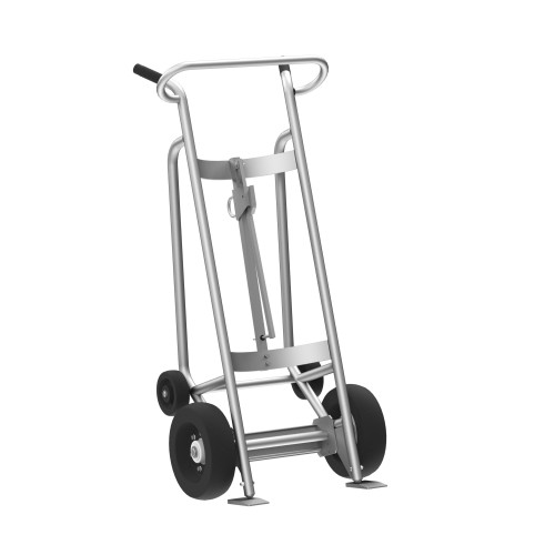 4-Wheel Drum Hand Truck, Aluminum, (2) Pneumatic Wheels, (2) Rear Poly, Hand Brake, 1000 lb. Capacity, Standard Chime Hook for Drums