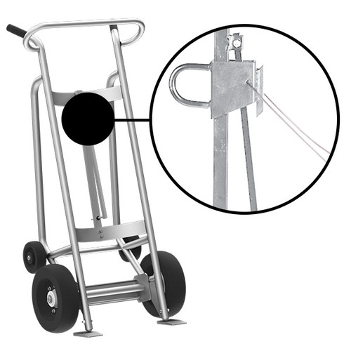 4-Wheel Drum Hand Truck, Aluminum, (2) Pneumatic Wheels, (2) Rear Poly, Hand Brake, 1000 lb. Capacity, Chime Hook w/ Security Cable for Drums