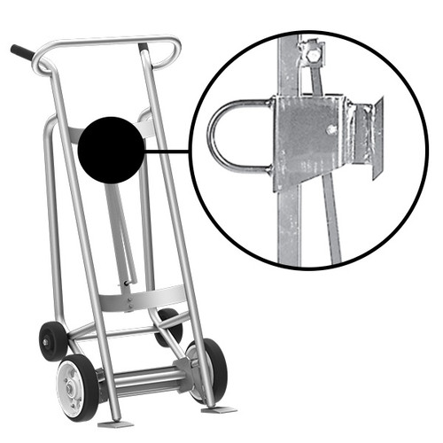 4-Wheel Drum Hand Truck, Aluminum, (2) Solid Rubber Wheels, (2) Rear Poly, Hand Brake, 1000 lb. Capacity, Chime Hook for Fiber Drums