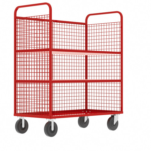 Steel Cage Cart, Stock Picking, 3-Sided, (2) Adjustable Shelves, 57"L x 30" W x 68" H, 1600 lb. Capacity, Red