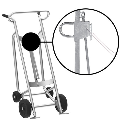 4-Wheel Drum Hand Truck, Aluminum, (2) Rubber Wheels, (2) Rear Poly, 1000 lb. Capacity, Chime Hook w/ Security Cable for Drums