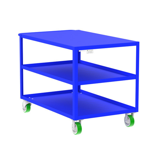 Valley Craft Steel 3-Shelf 12 Gauge Utility Cart, Flat Top, 48"L x 30" W x 36" H, 2000 lb. Capacity, (4) Non-Marking Poly Casters, Blue 