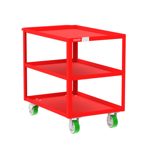 Valley Craft Steel 3-Shelf 12 Gauge Utility Cart, 36"L x 24" W x 36" H, 2000 lb. Capacity, (4) Non-Marking Poly Casters, Red 