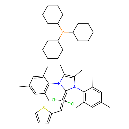 Tricyclohexylphosphine[4, 5-dimethyl-1, 3-bis(2, 4, 6-trimethylphenyl)imidazol-2-ylidene][2-thienylmethylene]ruthenium(II) dichloride, min 95%, 100 mg