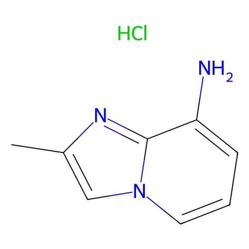 Aladdin Scientific 2-Methylimidazo[1, 2-a]pyridin-8-ylamine, HCl, min 95%, 100 mg, chemical structure diagram with molecular bonds and labels for HCl and NH2 groups.