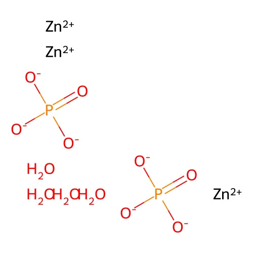 Aladdin Scientific Zinc Phosphate Tetrahydrate, 97% Min, 100 grams chemical structure diagram showing zinc ions, phosphate groups, and hydration molecules.