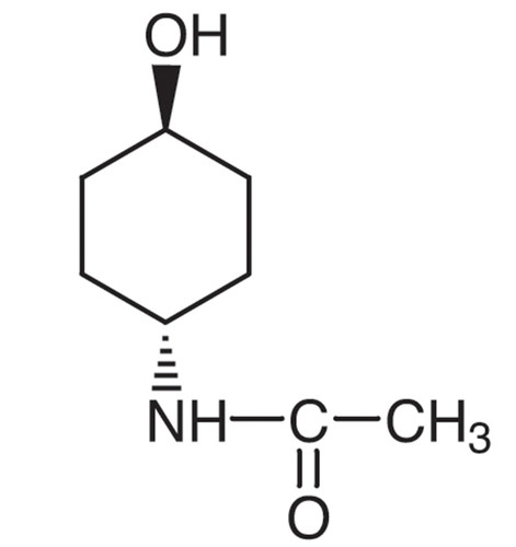 Aladdin Scientific trans-4-Acetamidocyclohexanol, min 98%, 1 gram, chemical structure diagram of trans-4-Acetamidocyclohexanol showing a cyclohexane ring with hydroxyl and acetamido groups.