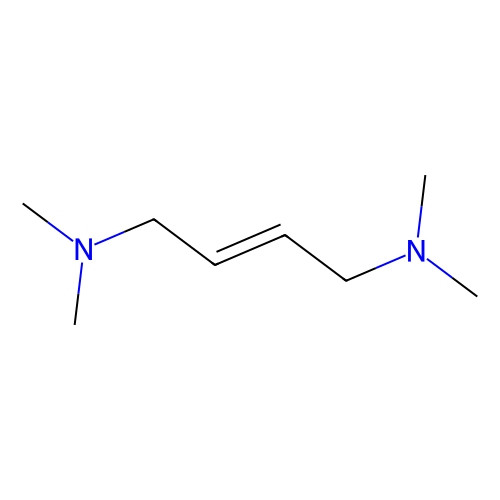 Aladdin Scientific trans-N, N, N', N'-Tetramethyl-2-butene-1, 4-diamine, min 98%, 1 gram, chemical structure diagram showing a molecule with two nitrogen atoms connected by a chain and a double bond in the structure.