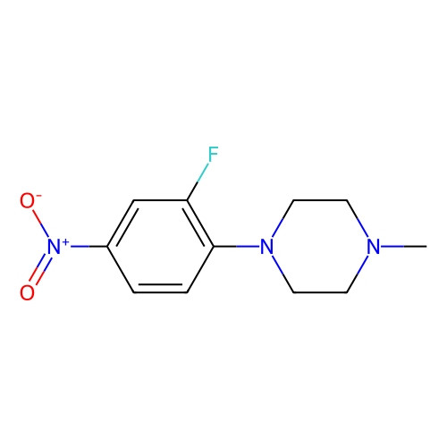 Aladdin Scientific 1-(2-fluoro-4-nitrophenyl)-4-methylpiperazine, chemical structure image of a 1 gram sample with at least 97% purity.