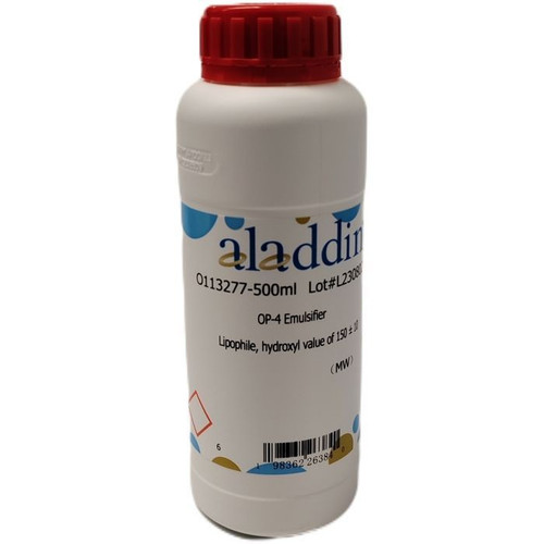 Aladdin Scientific OP-4 Emulsifier, 100 mL - White plastic bottle with red cap, labeled with product details and barcode for laboratory and industrial use.