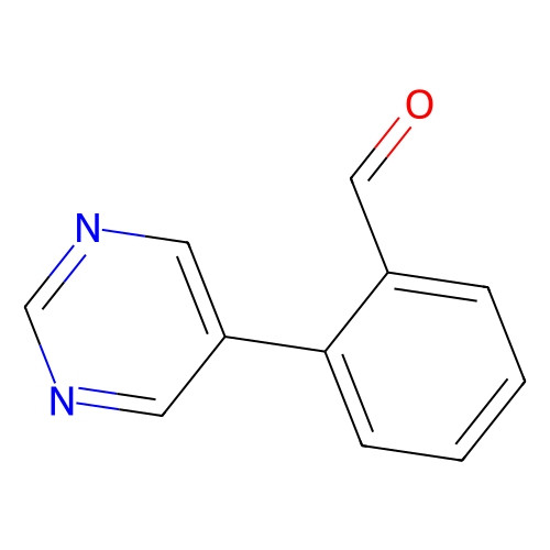 Aladdin Scientific 2-(5-Pyrimidinyl)benzaldehyde, min 95%, 100 mg - Chemical structure image showing a pyrimidine ring, benzaldehyde group, with nitrogen atoms and a carbonyl group.