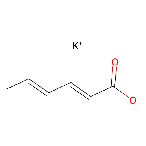 Aladdin Scientific Potassium Sorbate, chemical molecular structure diagram showing a potassium ion and sorbic acid molecule with 98% purity, 100 grams packaging.