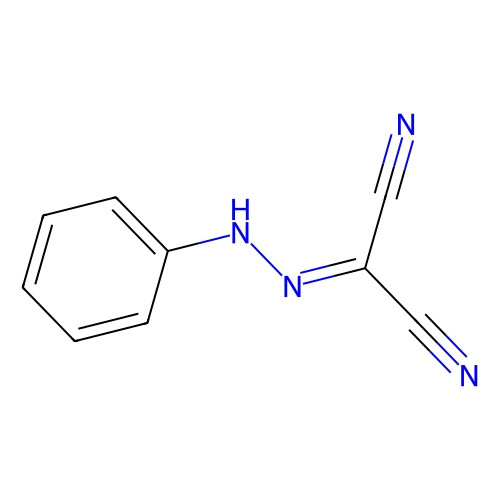 Aladdin Scientific Phenylhydrazono Malononitrile, chemical structure of phenylhydrazono malononitrile molecule with a benzene ring and multiple nitrile groups on a white background.